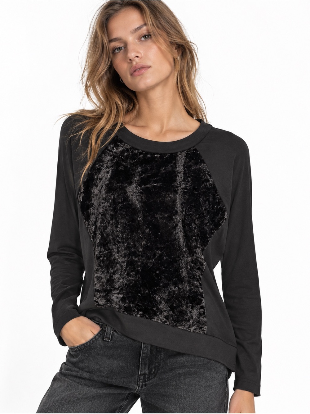 Elie Tahari Womens Faux Fur Top Small Black Sweatshirt Mixed Media Pullover
